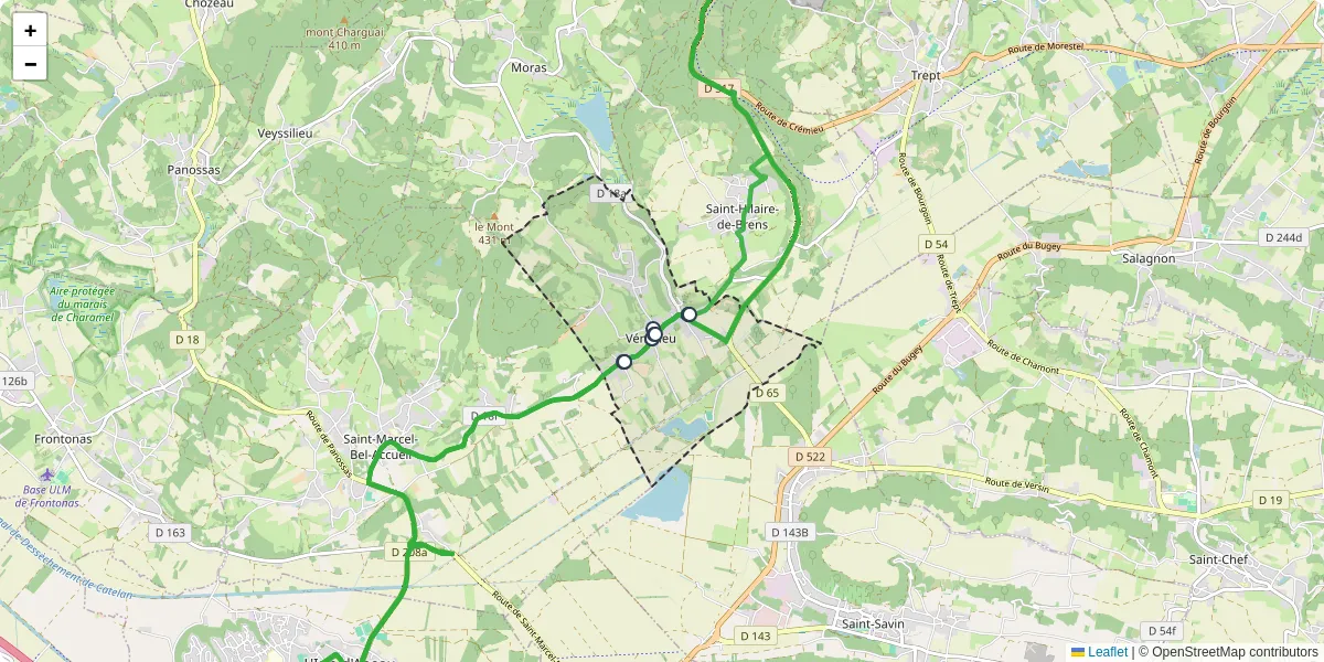 Carte du réseau de transport en commun à Vénérieu - lignes de bus et arrêts