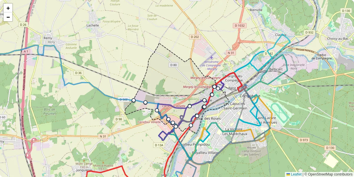 Carte du réseau de transport en commun à Venette - lignes de bus et arrêts