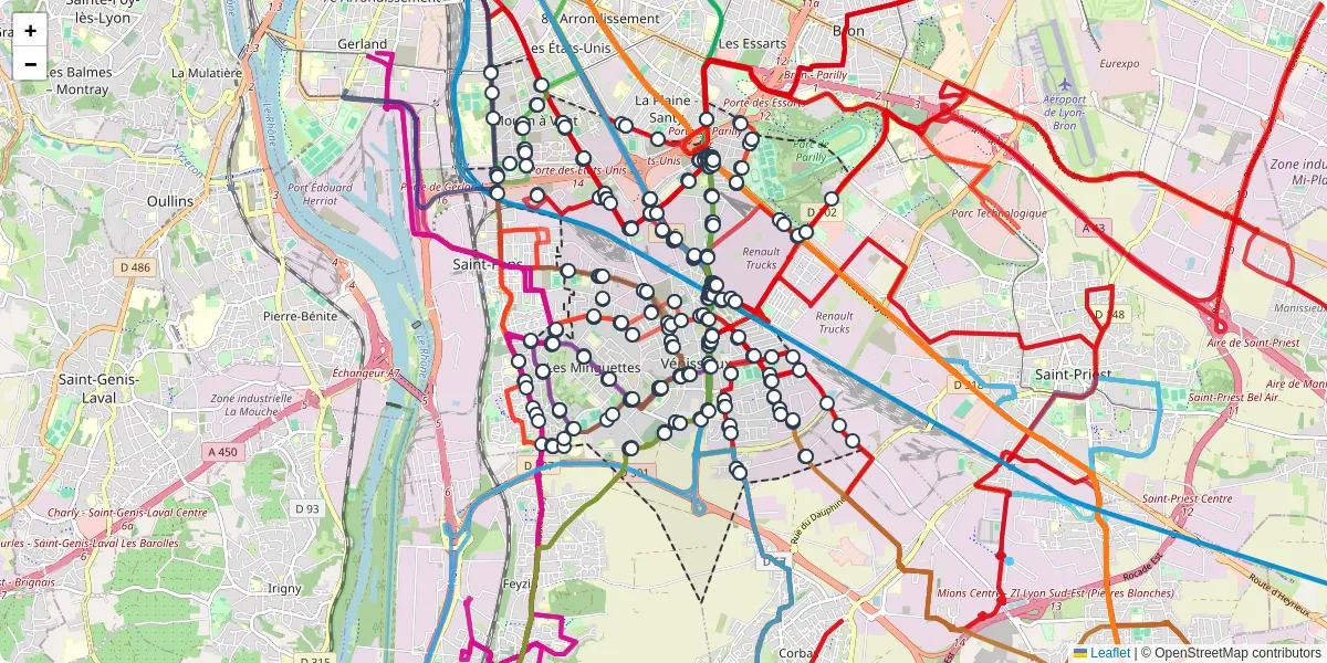 Carte du réseau de transport en commun à Vénissieux - lignes de bus et arrêts