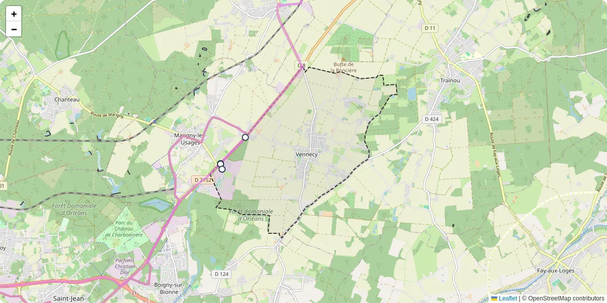 Carte du réseau de transport en commun à Vennecy - lignes de bus et arrêts