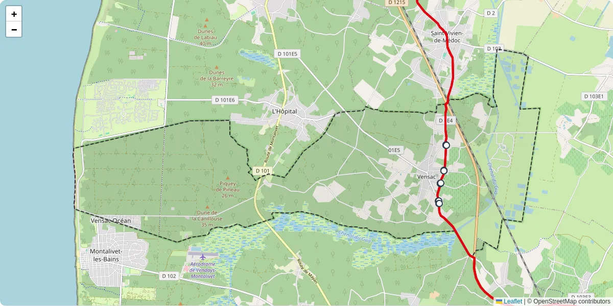 Carte du réseau de transport en commun à Vensac - lignes de bus et arrêts