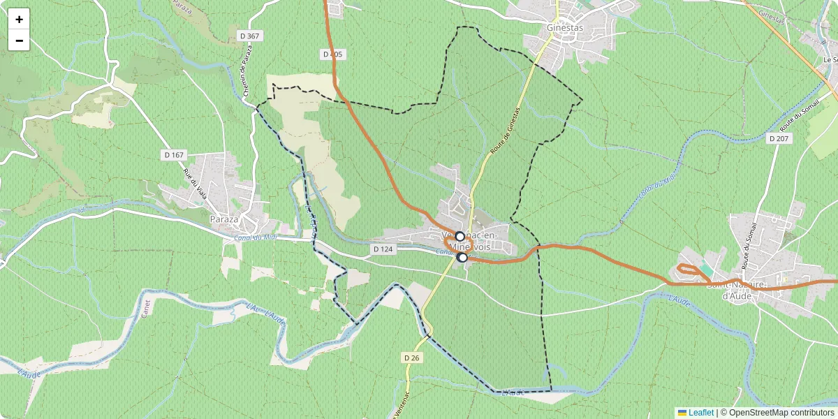 Carte du réseau de transport en commun à Ventenac-en-Minervois - lignes de bus et arrêts