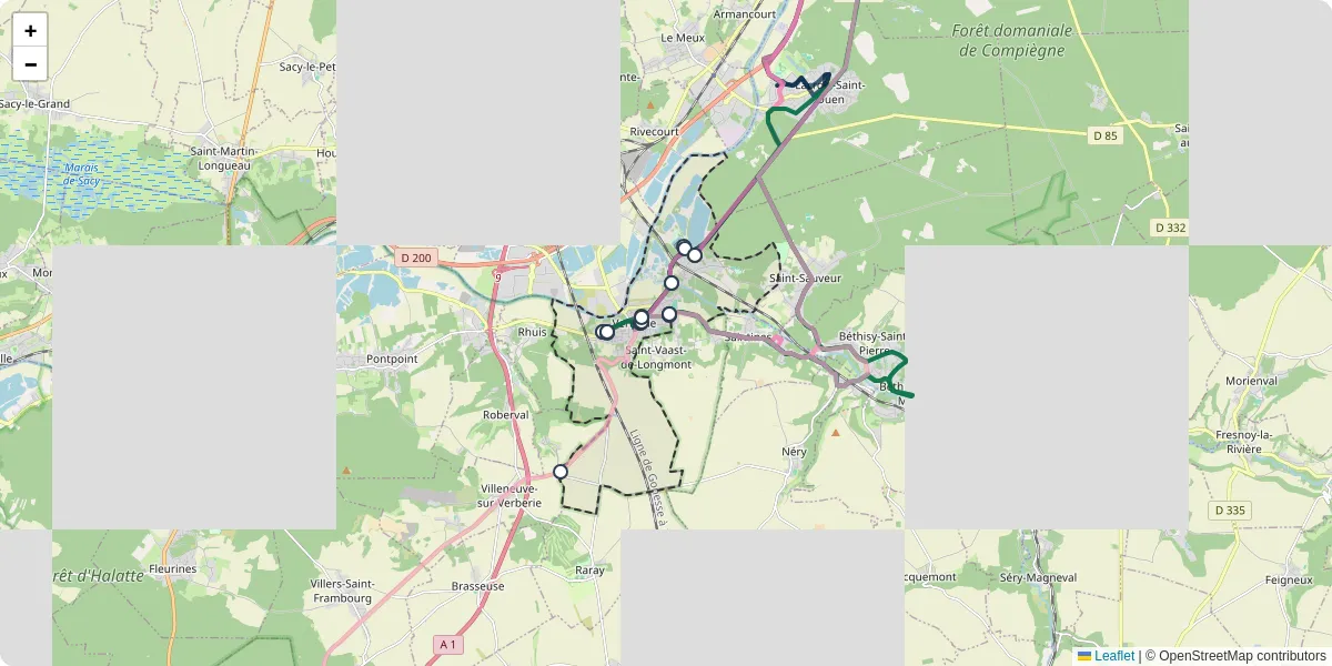 Carte du réseau de transport en commun à Verberie - lignes de bus et arrêts