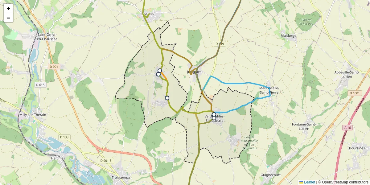 Carte du réseau de transport en commun à Verderel-lès-Sauqueuse - lignes de bus et arrêts