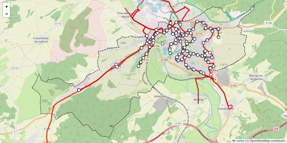 Carte du réseau de transport en commun à Verdun - lignes de bus et arrêts