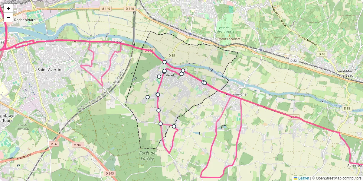 Carte du réseau de transport en commun à Véretz - lignes de bus et arrêts