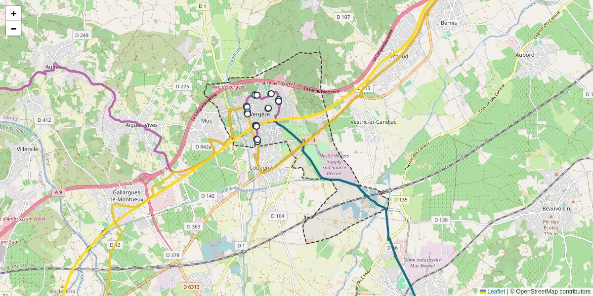 Carte du réseau de transport en commun à Vergèze - lignes de bus et arrêts