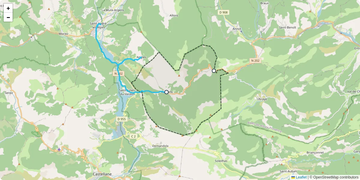 Carte du réseau de transport en commun à Vergons - lignes de bus et arrêts