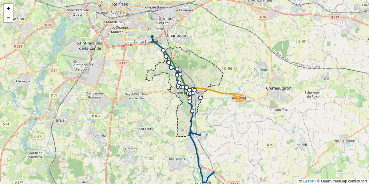 Carte du réseau de transport en commun à Vern-sur-Seiche - lignes de bus et arrêts