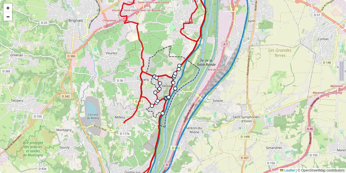 Carte du réseau de transport en commun à Vernaison - lignes de bus et arrêts