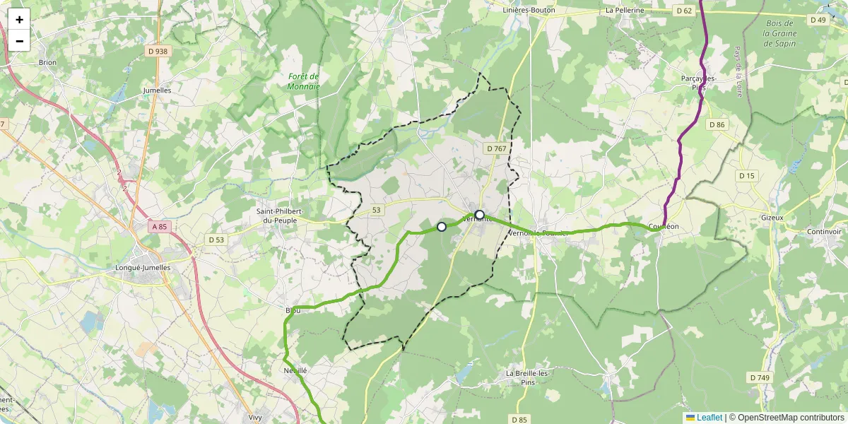 Carte du réseau de transport en commun à Vernantes - lignes de bus et arrêts