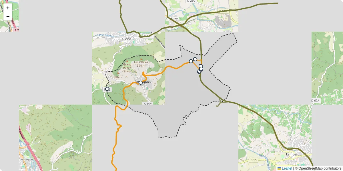 Carte du réseau de transport en commun à Vernègues - lignes de bus et arrêts
