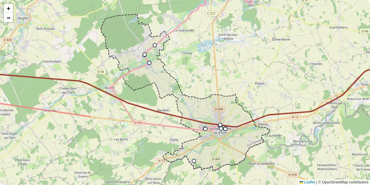 Carte du réseau de transport en commun à Verneuil d'Avre et d'Iton - lignes de bus et arrêts