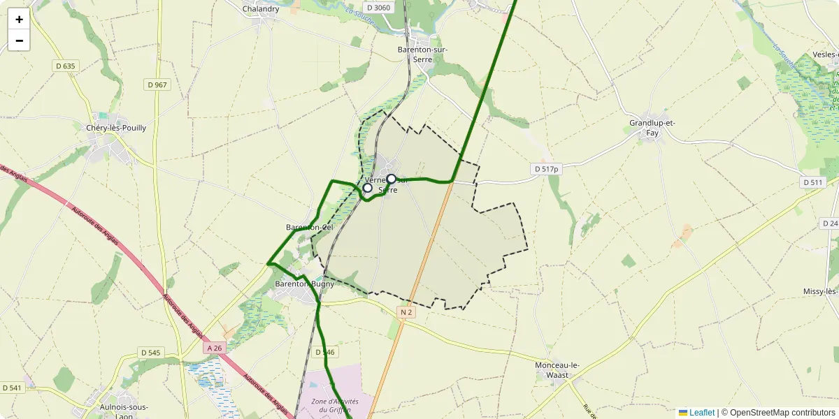 Carte du réseau de transport en commun à Verneuil-sur-Serre - lignes de bus et arrêts