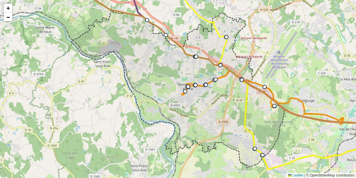 Carte du réseau de transport en commun à Verneuil-sur-Vienne - lignes de bus et arrêts