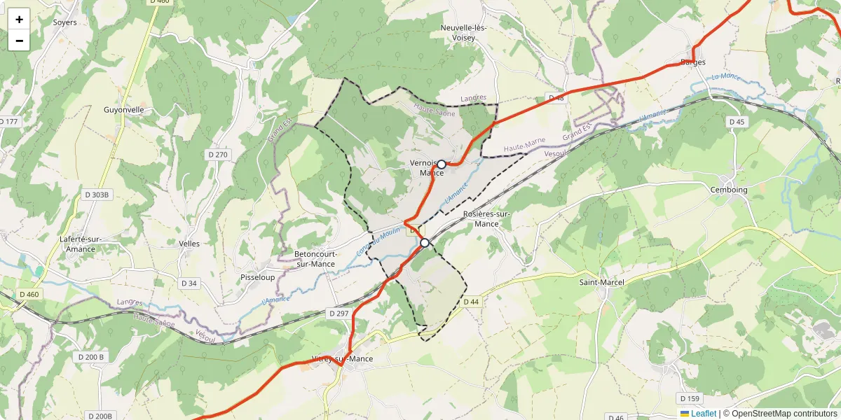 Carte du réseau de transport en commun à Vernois-sur-Mance - lignes de bus et arrêts
