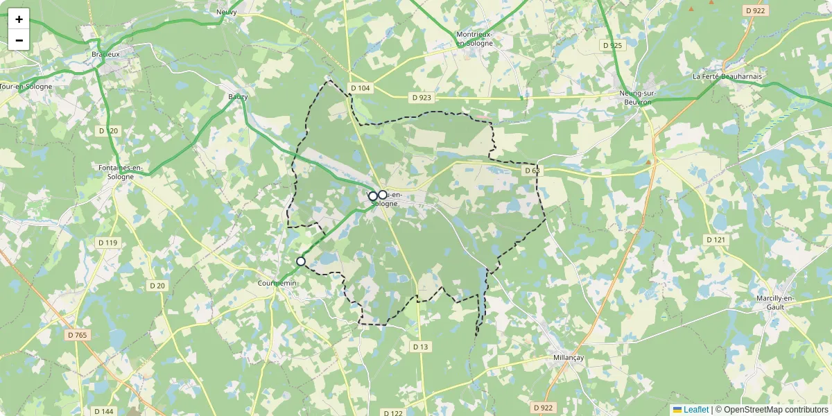 Carte du réseau de transport en commun à Vernou-en-Sologne - lignes de bus et arrêts