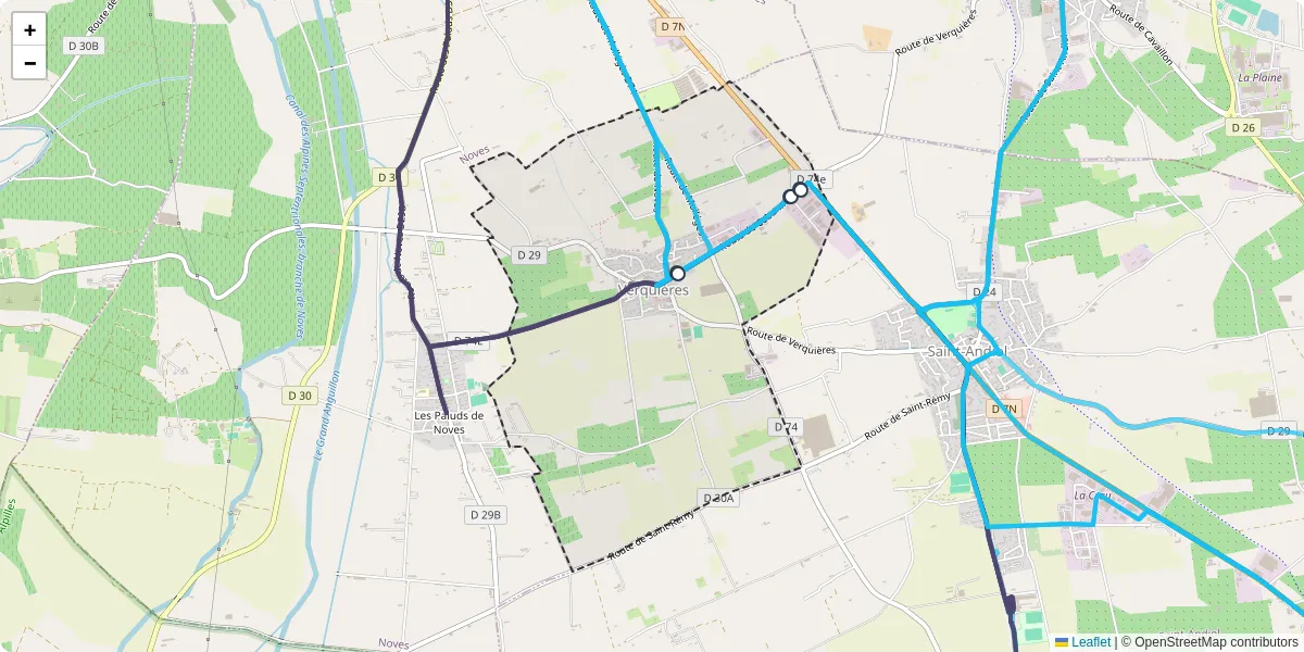 Carte du réseau de transport en commun à Verquières - lignes de bus et arrêts
