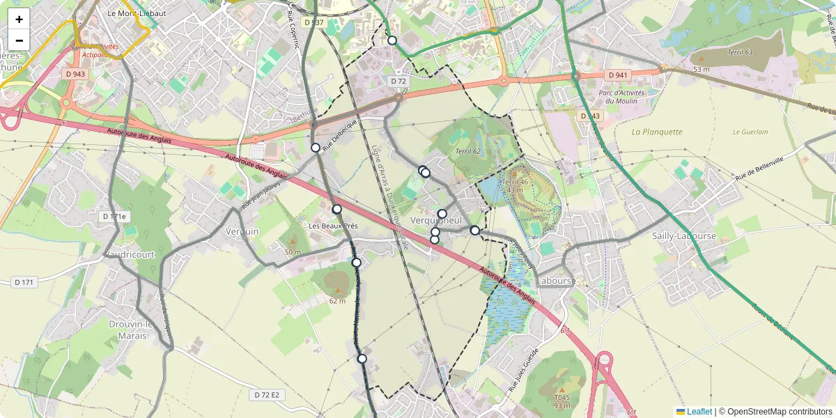 Carte du réseau de transport en commun à Verquigneul - lignes de bus et arrêts