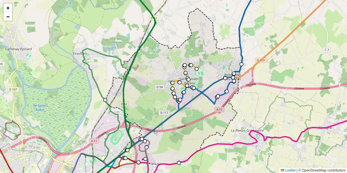 Carte du réseau de transport en commun à Verrières-en-Anjou - lignes de bus et arrêts
