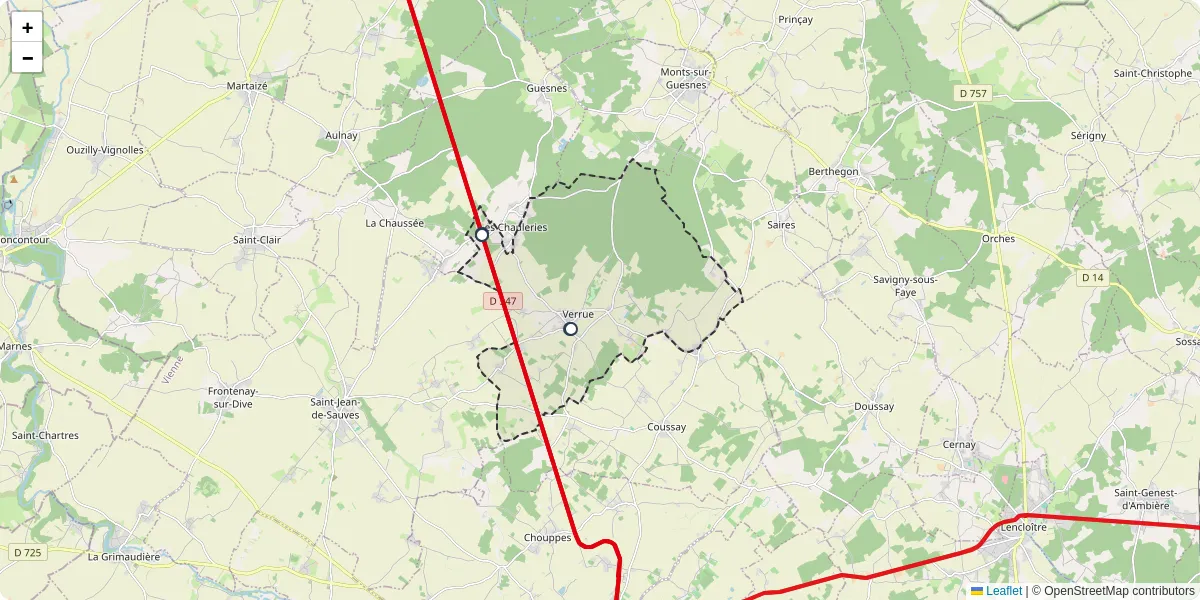 Carte du réseau de transport en commun à Verrue - lignes de bus et arrêts