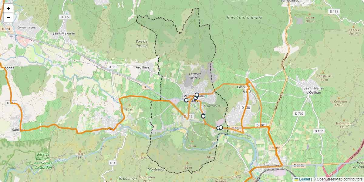 Carte du réseau de transport en commun à Vers-Pont-du-Gard - lignes de bus et arrêts