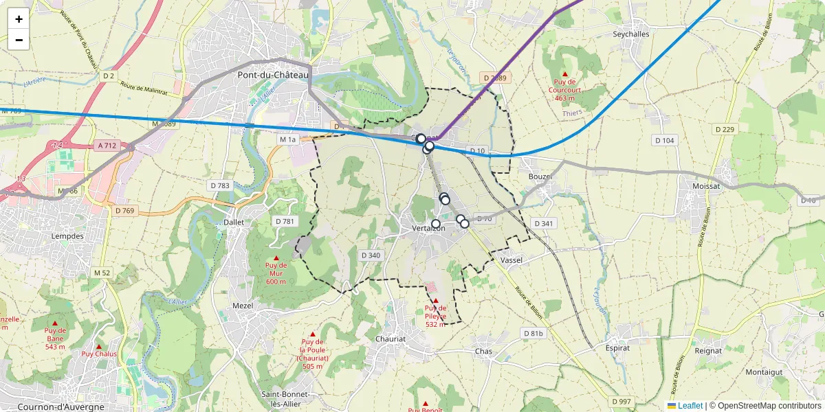 Carte du réseau de transport en commun à Vertaizon - lignes de bus et arrêts