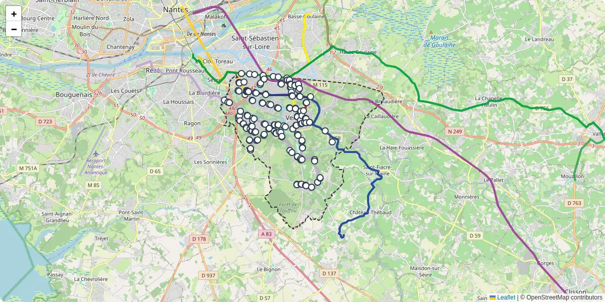 Carte du réseau de transport en commun à Vertou - lignes de bus et arrêts