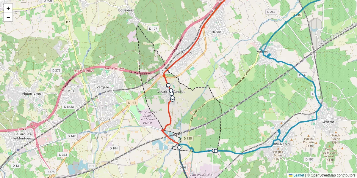 Carte du réseau de transport en commun à Vestric-et-Candiac - lignes de bus et arrêts