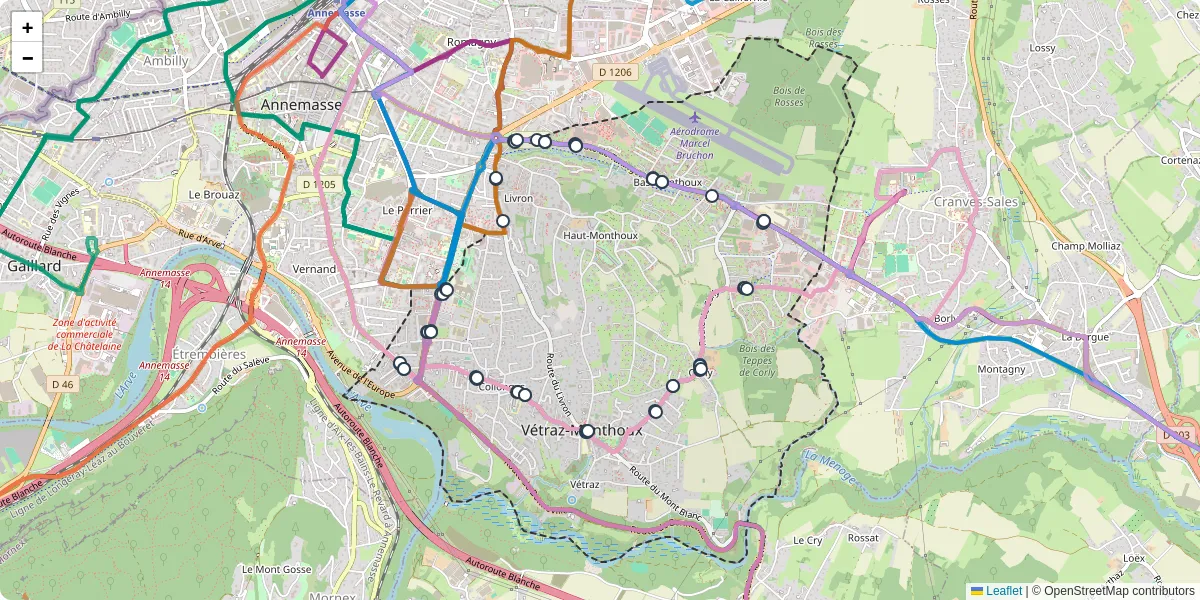 Carte du réseau de transport en commun à Vétraz-Monthoux - lignes de bus et arrêts