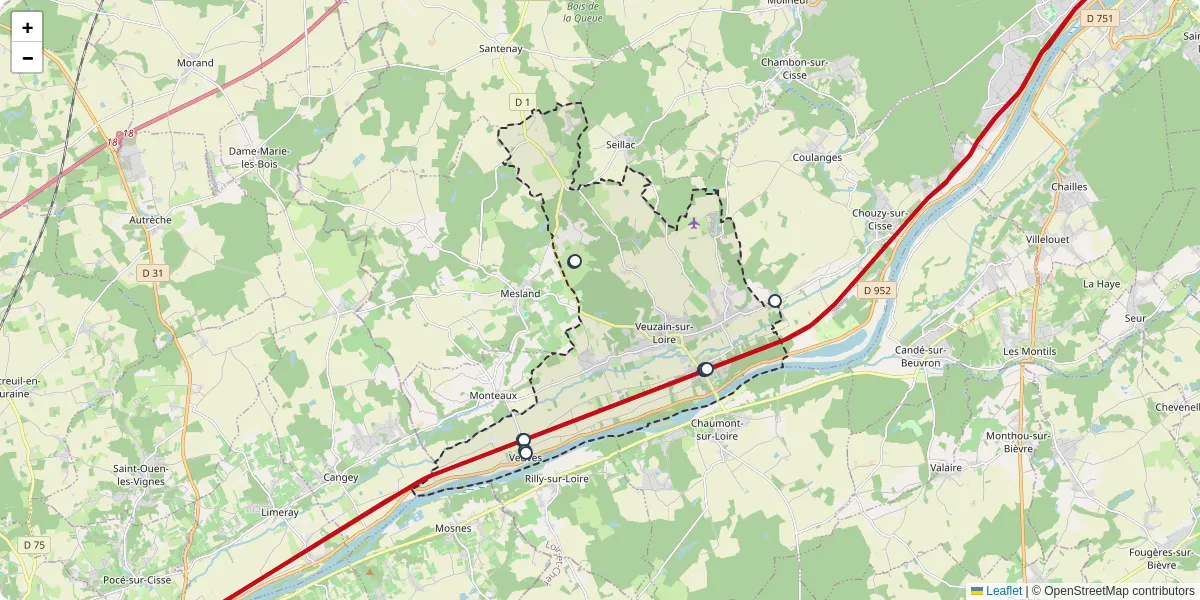 Carte du réseau de transport en commun à Veuzain-sur-Loire - lignes de bus et arrêts