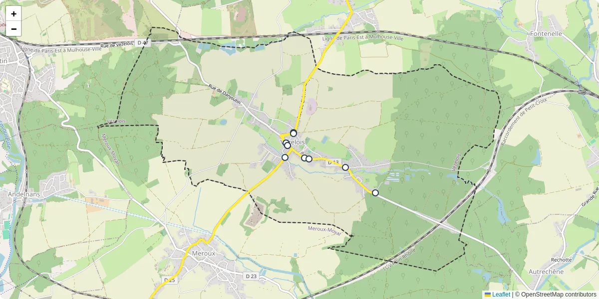 Carte du réseau de transport en commun à Vézelois - lignes de bus et arrêts