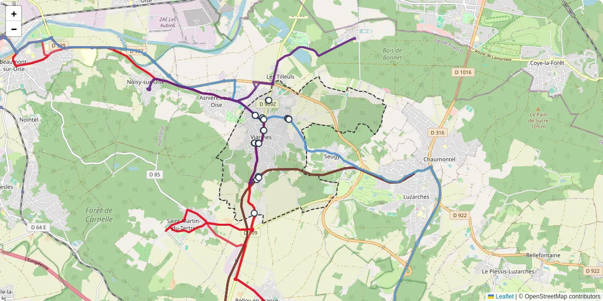 Carte du réseau de transport en commun à Viarmes - lignes de bus et arrêts