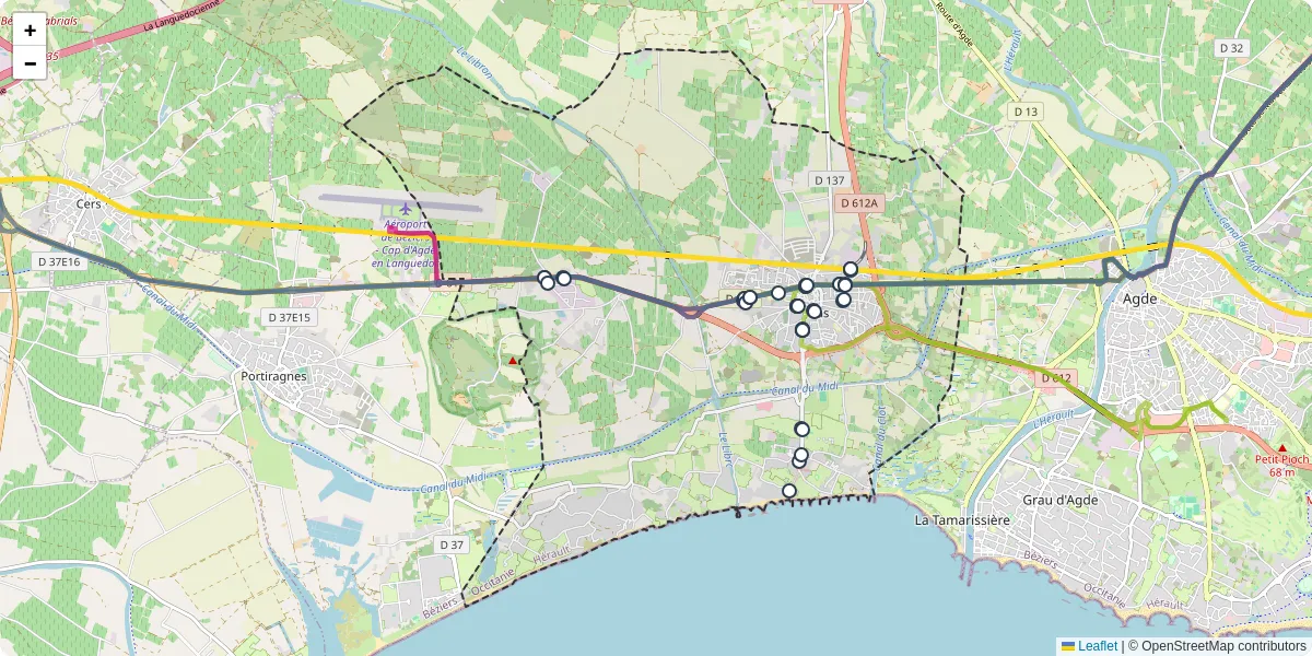 Carte du réseau de transport en commun à Vias - lignes de bus et arrêts
