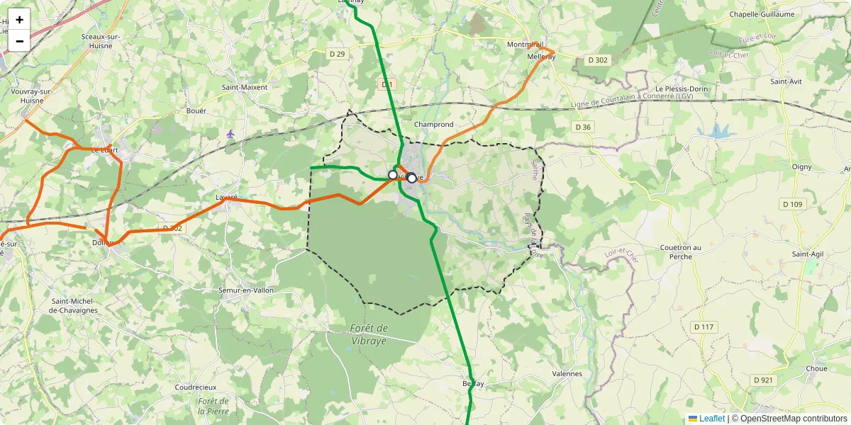 Carte du réseau de transport en commun à Vibraye - lignes de bus et arrêts
