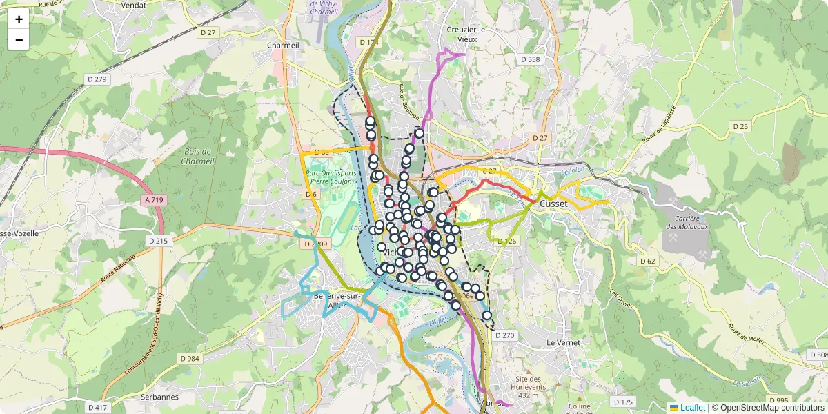 Carte du réseau de transport en commun à Vichy - lignes de bus et arrêts