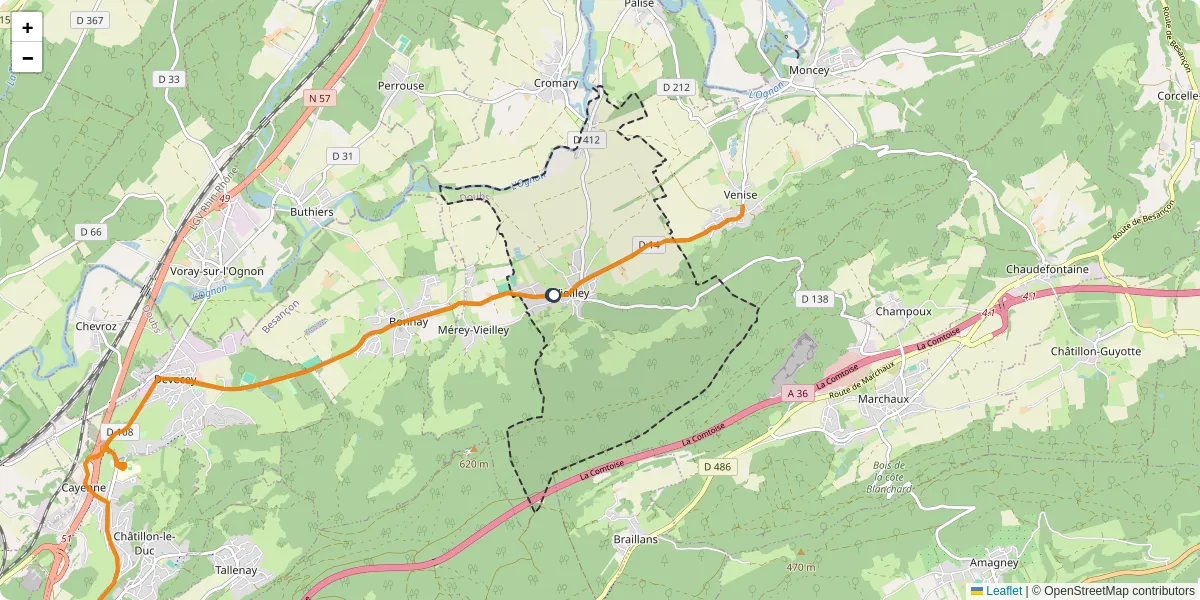 Carte du réseau de transport en commun à Vieilley - lignes de bus et arrêts