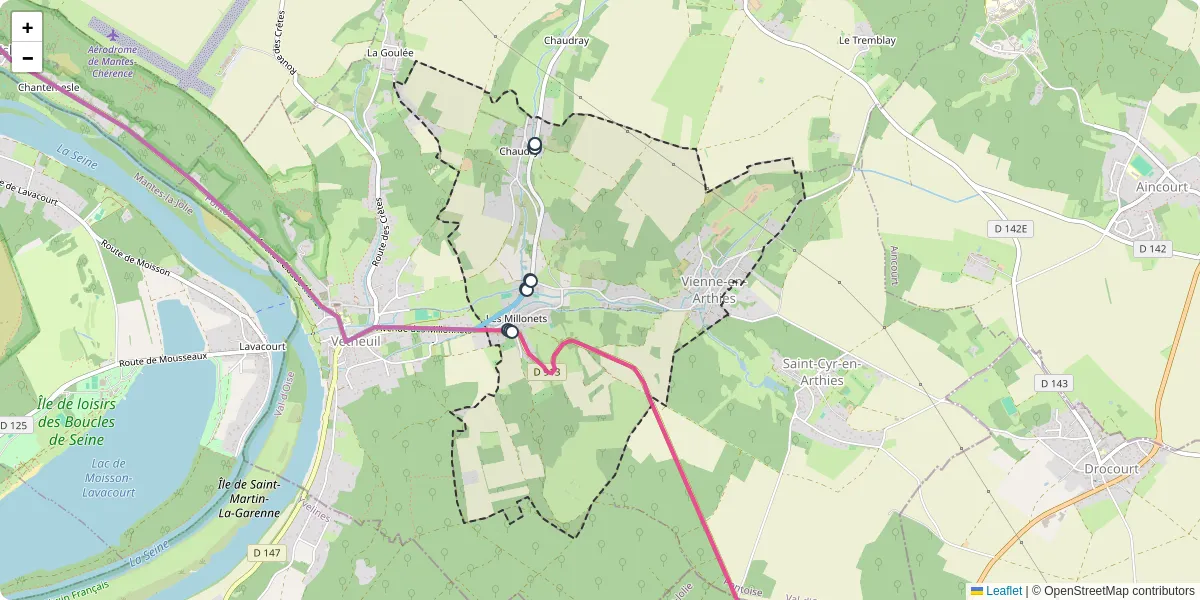 Carte du réseau de transport en commun à Vienne-en-Arthies - lignes de bus et arrêts