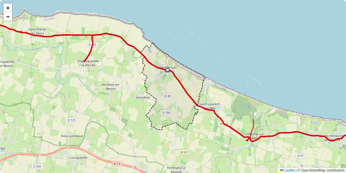 Carte du réseau de transport en commun à Vierville-sur-Mer - lignes de bus et arrêts