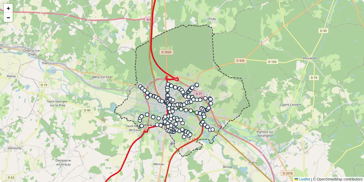 Carte du réseau de transport en commun à Vierzon - lignes de bus et arrêts