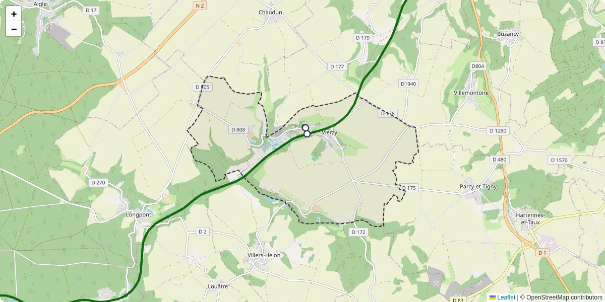 Carte du réseau de transport en commun à Vierzy - lignes de bus et arrêts