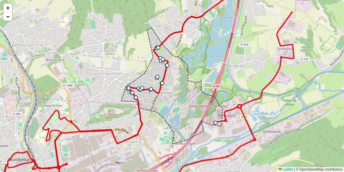 Carte du réseau de transport en commun à Vieux-Charmont - lignes de bus et arrêts