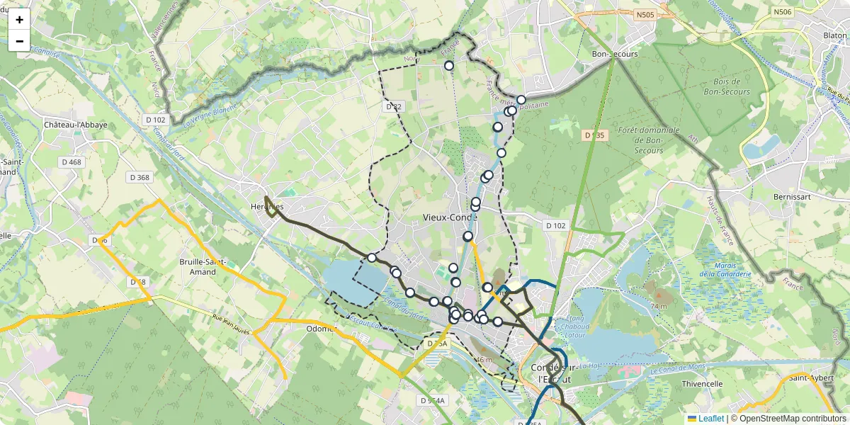 Carte du réseau de transport en commun à Vieux-Condé - lignes de bus et arrêts