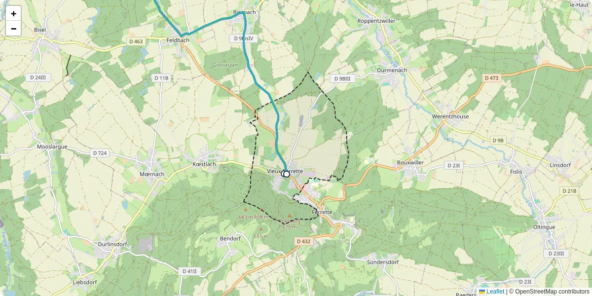 Carte du réseau de transport en commun à Vieux-Ferrette - lignes de bus et arrêts