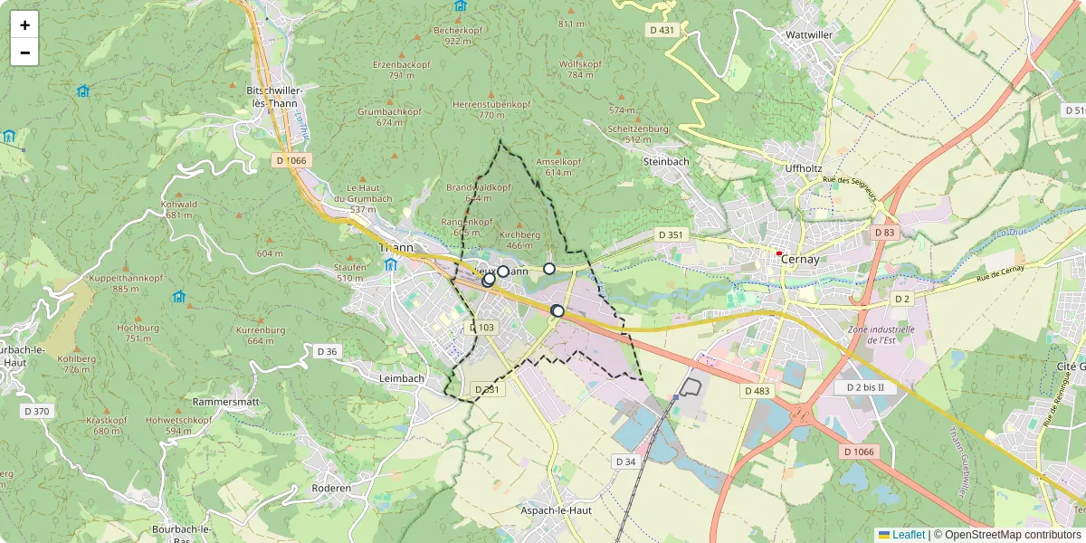 Carte du réseau de transport en commun à Vieux-Thann - lignes de bus et arrêts