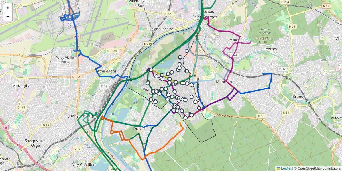 Carte du réseau de transport en commun à Vigneux-sur-Seine - lignes de bus et arrêts