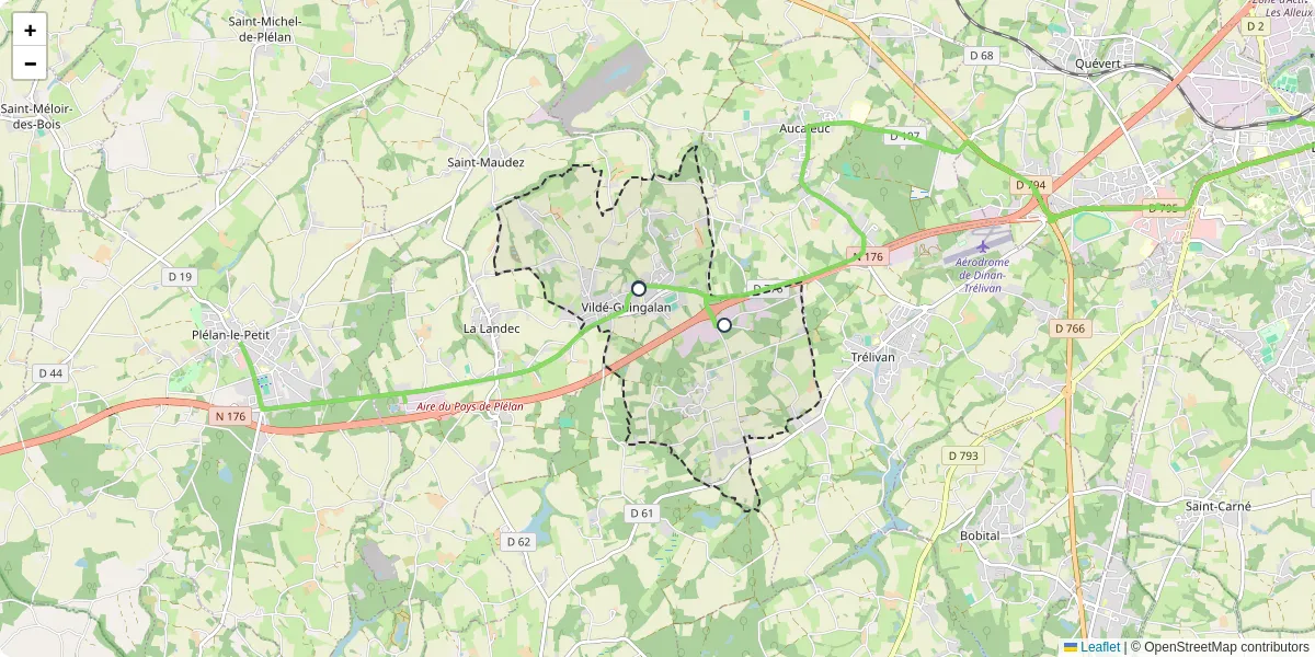 Carte du réseau de transport en commun à Vildé-Guingalan - lignes de bus et arrêts