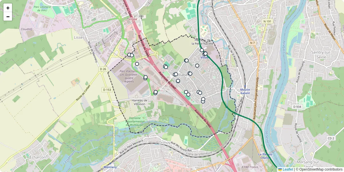 Carte du réseau de transport en commun à Villabé - lignes de bus et arrêts