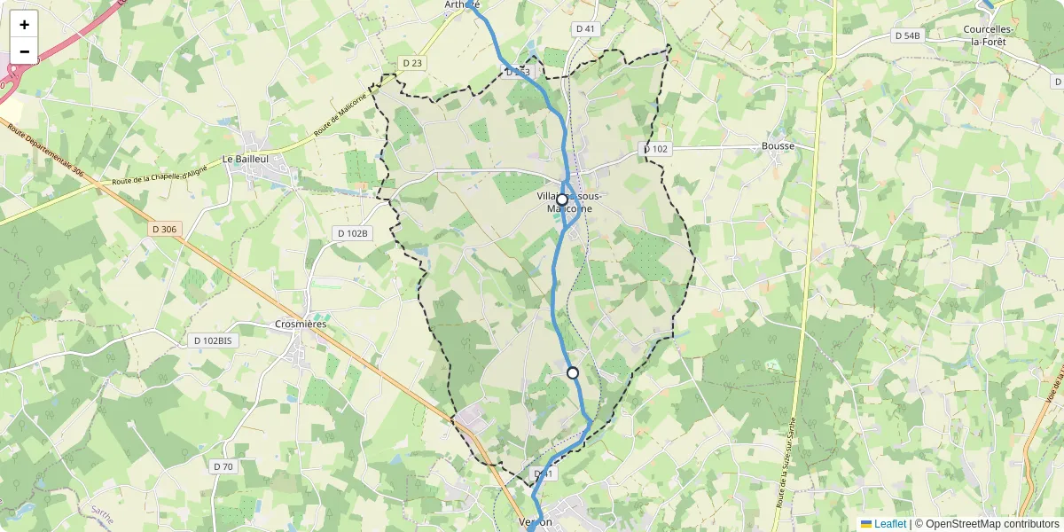Carte du réseau de transport en commun à Villaines-sous-Malicorne - lignes de bus et arrêts