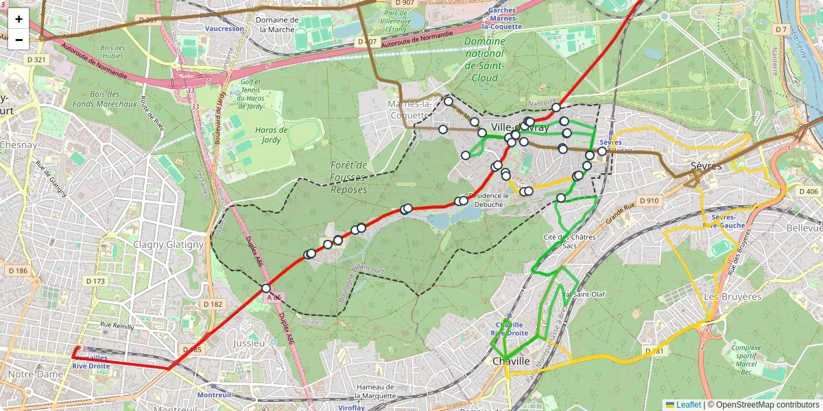 Carte du réseau de transport en commun à Ville-d'Avray - lignes de bus et arrêts